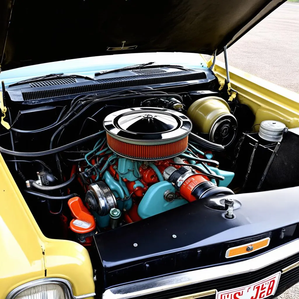 Engine bay of a Jeep Wagoneer